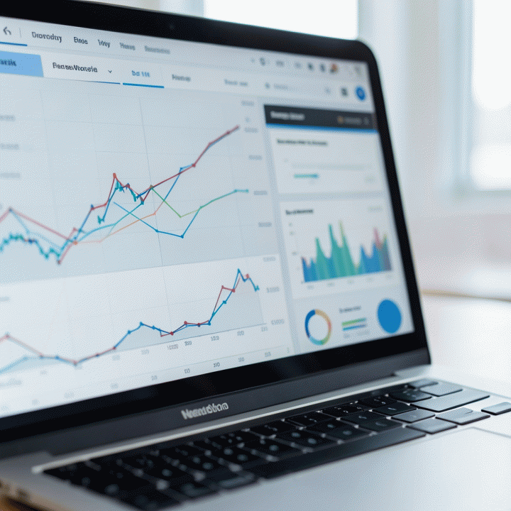 Tampilan abstrak dashboard analisis data kompetitor yang kompleks dan terstruktur di layar laptop.