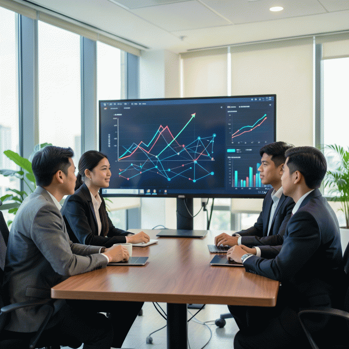 Tim profesional Indonesia berdiskusi di depan layar digital yang menampilkan visualisasi data prediktif dan grafik pertumbuhan penjualan B2B.