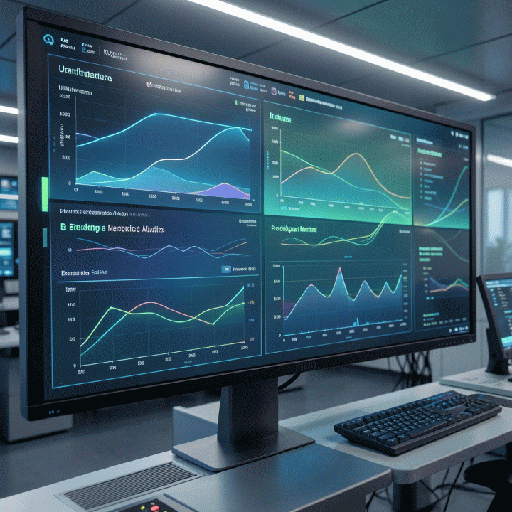 Dashboard operasional digital yang menampilkan grafik prediksi dan indikator manajemen inventaris yang canggih, menggambarkan kemampuan prediksi bisnis.