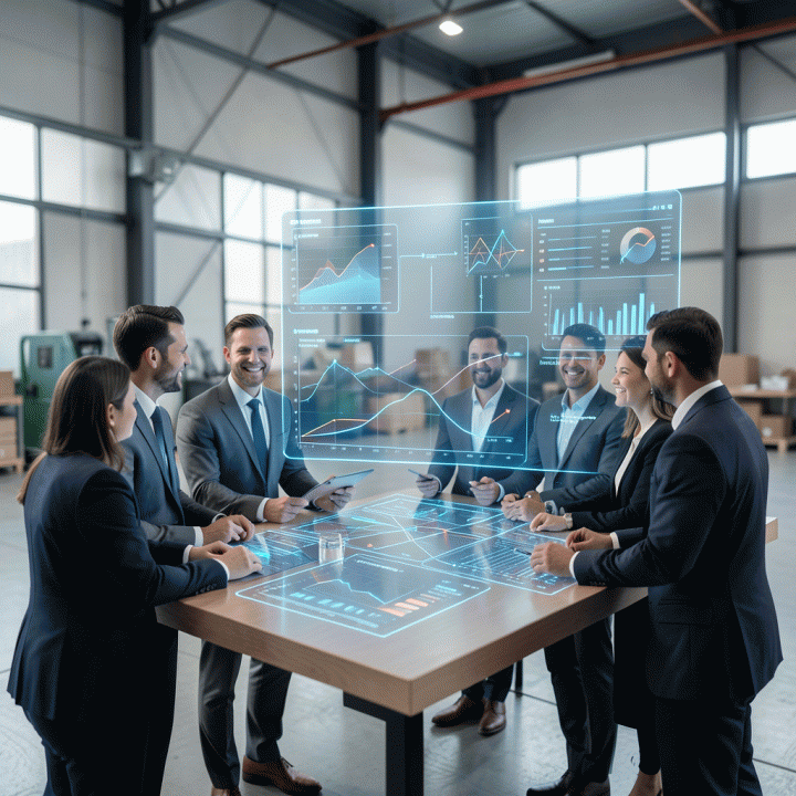 Kelompok manajer bisnis rental berdiskusi di depan antarmuka digital holografik yang menampilkan data inventaris dan prediksi operasional masa depan, melambangkan transformasi digital industri rental.