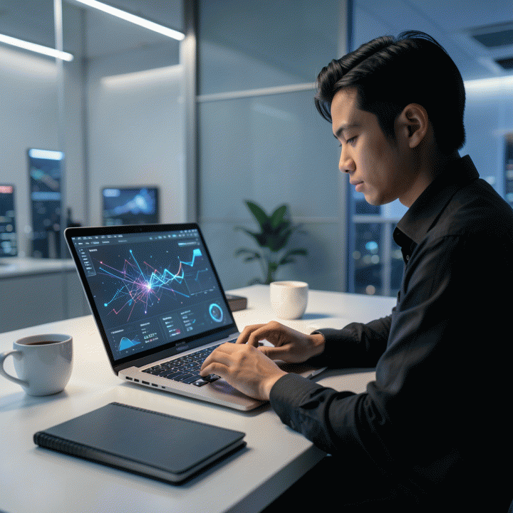 Seorang profesional muda Indonesia bekerja dengan laptop di meja futuristik, menunjukkan tema teknologi canggih dan tren AI masa depan.