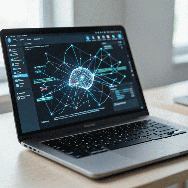 Tampilan close-up laptop yang menunjukkan antarmuka AI abstrak yang kompleks, mewakili proses ideasi dan analisis data canggih.