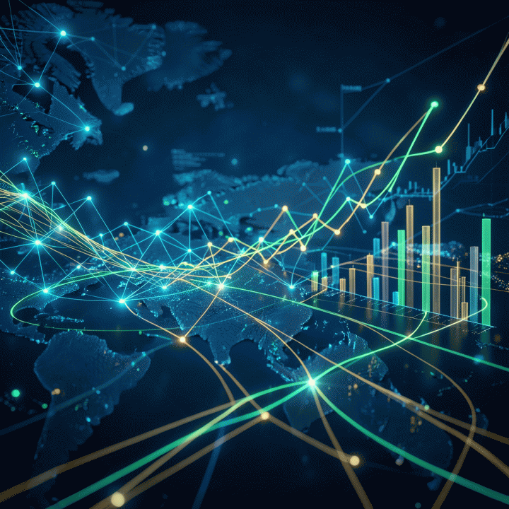 Visualisasi sinematik dan futuristik dari aliran data global, grafik pertumbuhan, dan jaringan node yang saling terhubung, mewakili prediksi tren digital marketing 2026.