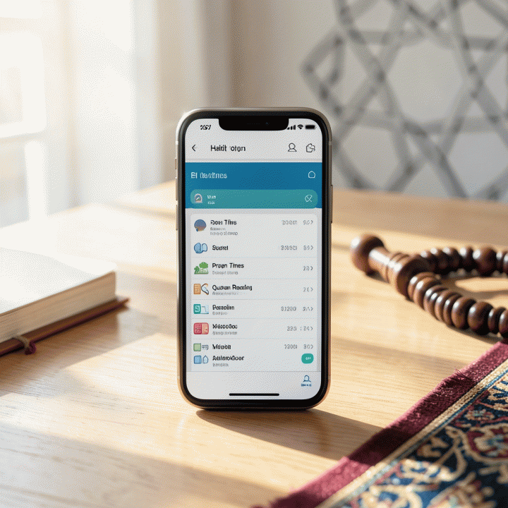 Tampilan close-up smartphone yang menampilkan aplikasi habit tracker ibadah Muslim dengan antarmuka bersih dan modern di atas meja kayu elegan. Mencerminkan konsep pelacakan konsistensi spiritual harian.