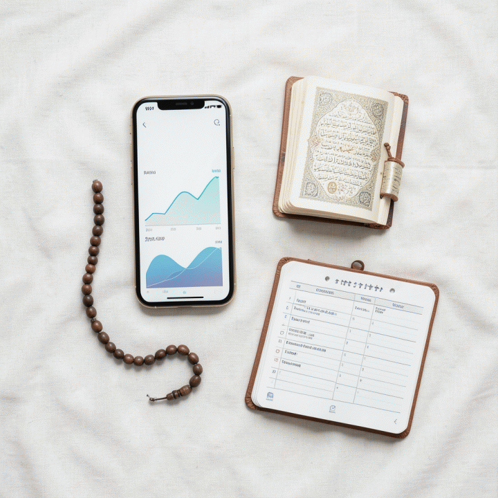 Tampilan flat lay yang menampilkan perlengkapan ibadah dan sebuah smartphone dengan aplikasi habit tracker di atas latar belakang bersih, melambangkan perencanaan spiritual harian.