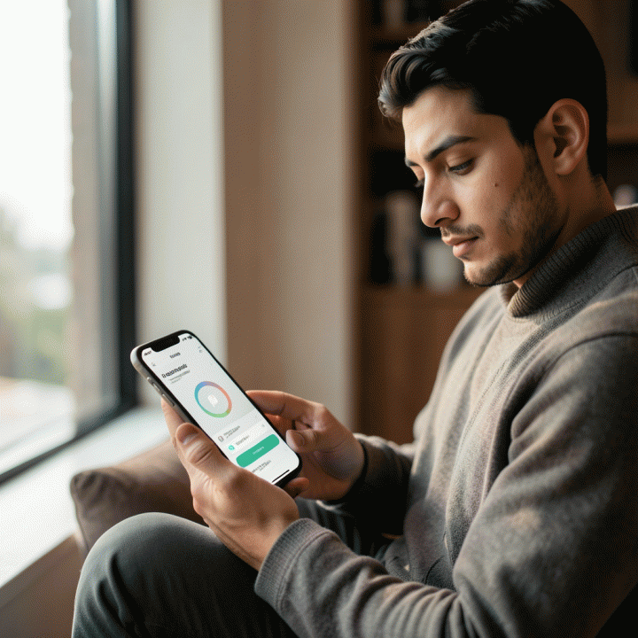 Seorang pria/wanita Muslim milenial sedang menggunakan smartphone untuk melihat progress pada aplikasi habit tracker ibadah, menekankan pentingnya manajemen waktu dan konsistensi spiritual dalam kehidupan modern.