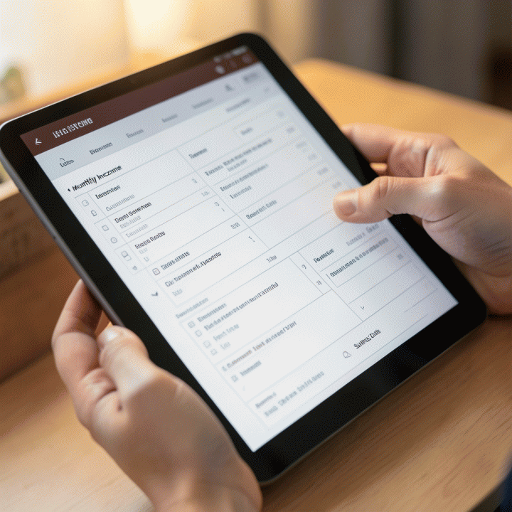 Hands interacting with a tablet showing a structured monthly budget planning template.