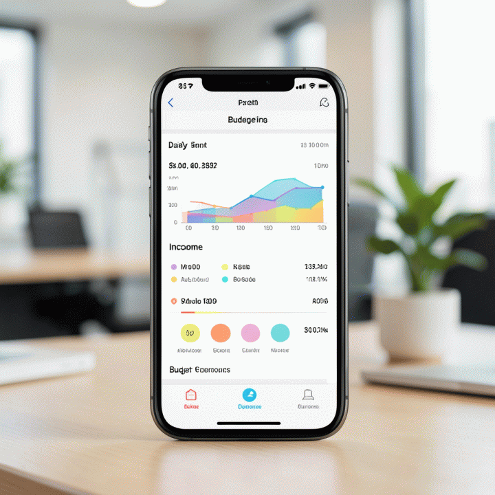 Smartphone screen showing a clean and organized personal budgeting app interface with colorful expense tracking charts.