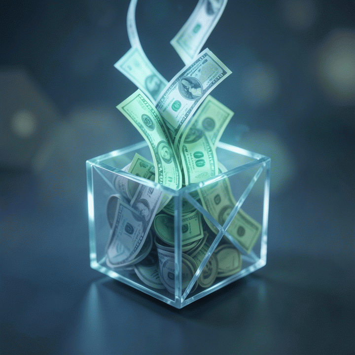 Abstract visualization of money flowing into a structured container, symbolizing effective personal financial budgeting.