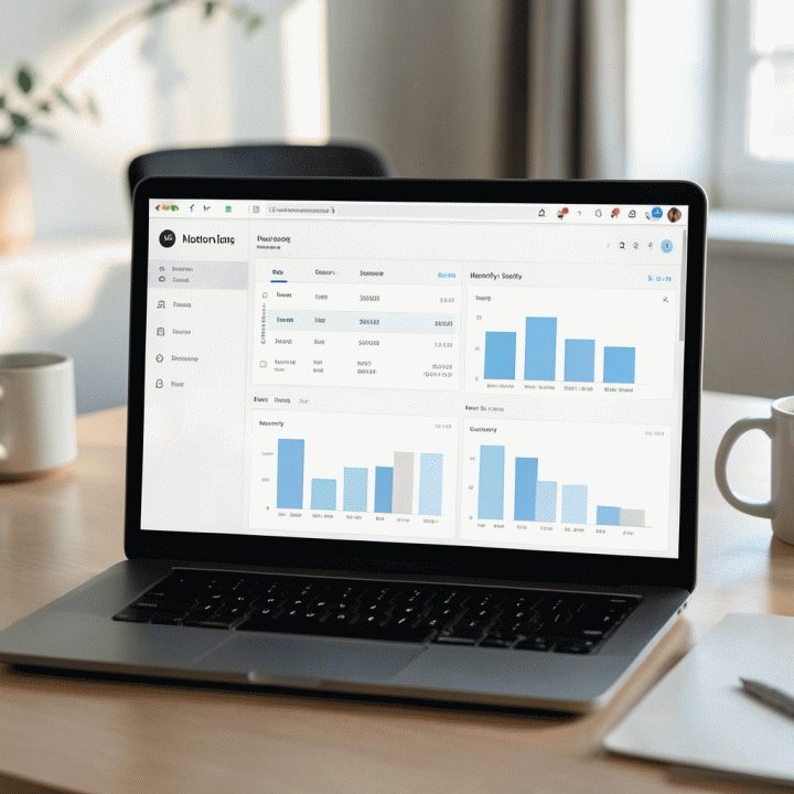 A photorealistic image of a laptop screen showing an organized Notion dashboard for personal finance tracking, emphasizing budgeting and expense management.