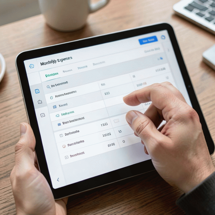 Hand inputting monthly expense data into a Notion database on a tablet for expense tracking.