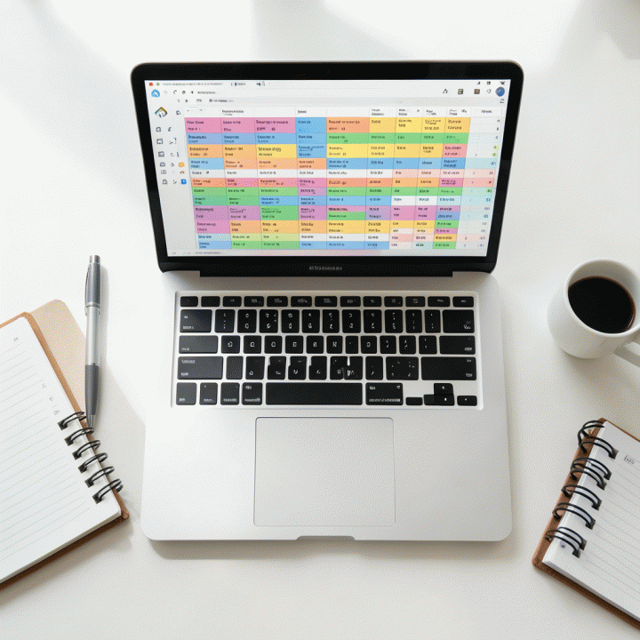 Tampilan overhead laptop yang menampilkan spreadsheet terorganisir untuk melacak lamaran kerja, menunjukkan efisiensi manajemen karir.