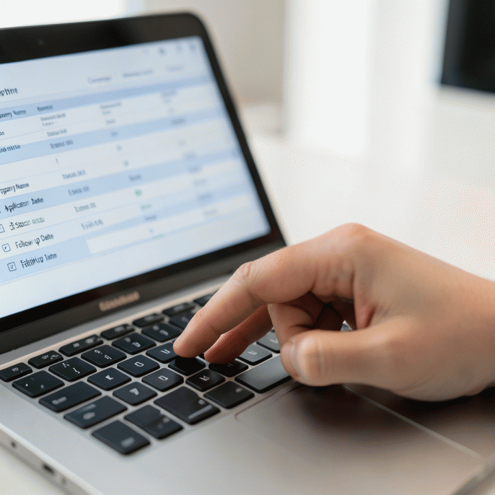 Tangan yang sedang memasukkan data secara efisien ke dalam spreadsheet digital untuk melacak lamaran kerja.