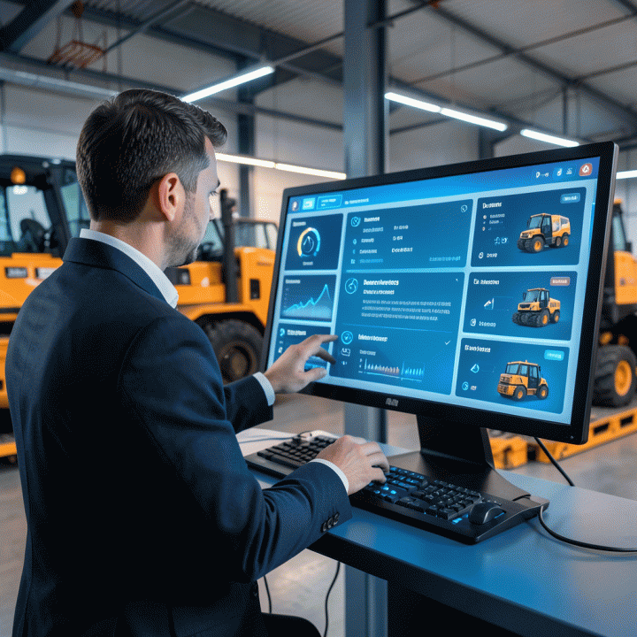 A modern business owner reviewing a digital dashboard for heavy equipment rental management, symbolizing digital transformation and inventory tracking.