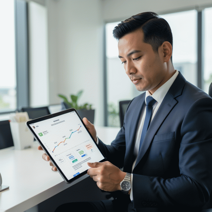 Manajer bisnis menggunakan tablet untuk melihat jadwal dan alokasi aset kendaraan secara digital, menunjukkan pengelolaan inventaris yang akurat.