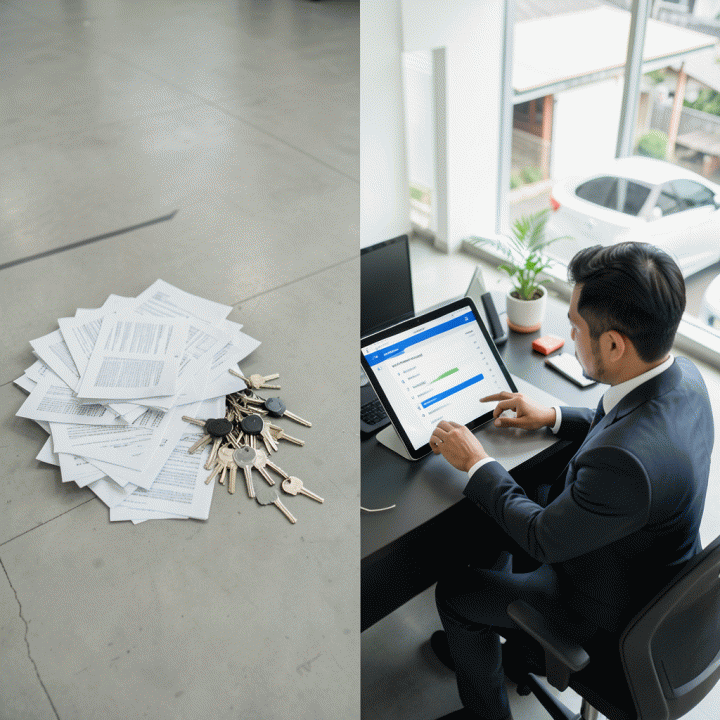 Perbandingan antara administrasi manual (tumpukan kertas) dan sistem digital yang terintegrasi, menunjukkan peningkatan efisiensi di operasional rental mobil.