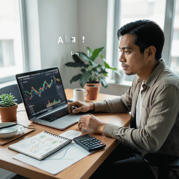 Konsultan profesional di meja kerja yang terorganisir, sedang menganalisis visualisasi data abstrak di laptop dan catatan fisik, melambangkan transformasi data operasional menjadi strategi bisnis yang terpadu.