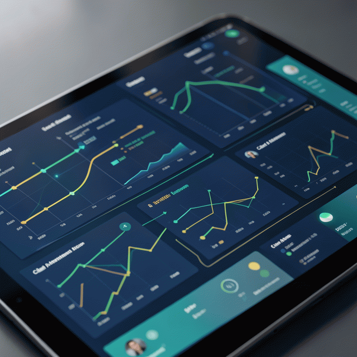 Tampilan dashboard digital yang terpadu pada tablet, menunjukkan integrasi visual antara data proyek, keuangan, dan operasional secara ringkas.