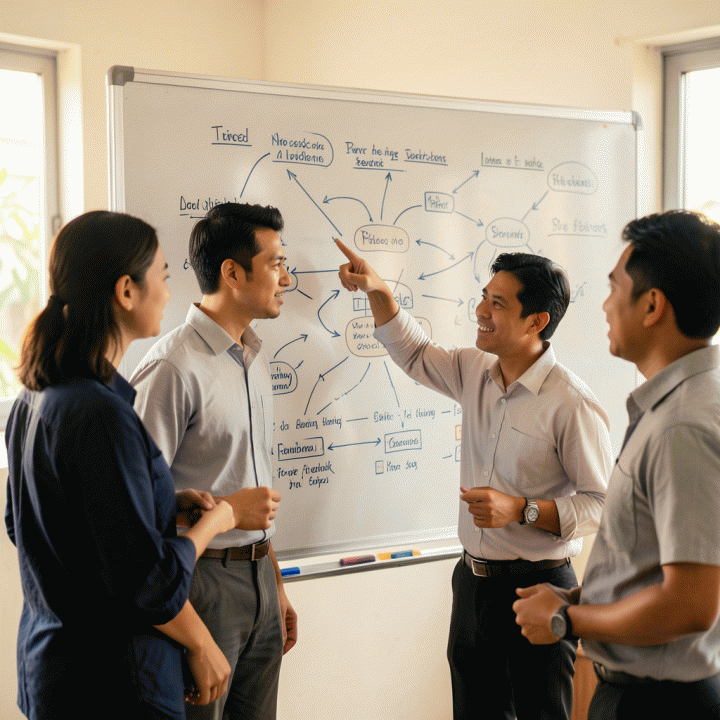 Tim profesional sedang berdiskusi dan menyusun strategi bisnis di papan tulis, menunjukkan proses kolaborasi dalam transformasi data.
