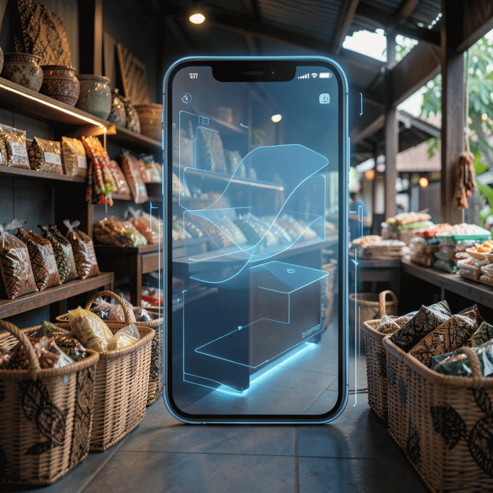 Perpaduan visual antara elemen ritel tradisional Indonesia dengan teknologi modern, menunjukkan optimasi bisnis e-commerce melalui antarmuka digital.