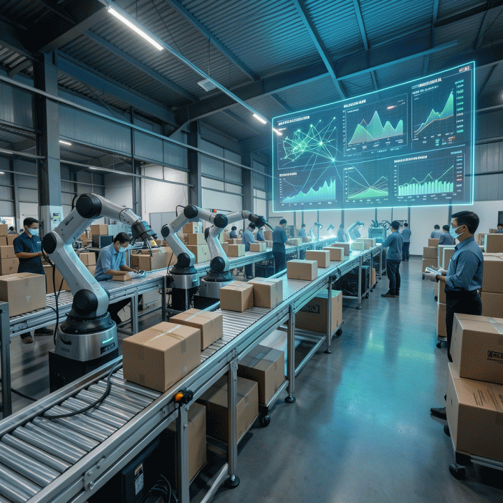 Visualisasi futuristik dan fotorealistik dari pusat logistik retail modern di Indonesia, menunjukkan otomatisasi tinggi dengan robot dan antarmuka data holografik yang canggih, melambangkan transformasi bisnis retail berbasis AI.