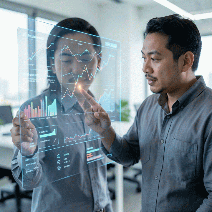 Seorang profesional bisnis Indonesia berinteraksi dengan dasbor data holografik futuristik yang menampilkan analitik pasar dan tren e-commerce, menunjukkan analisis prediktif.