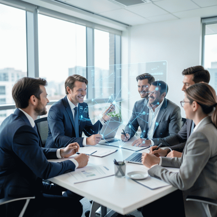 Tim profesional yang berkolaborasi di kantor modern di sekitar proyeksi holografik data kompleks, menunjukkan sinergi antara manusia dan AI dalam perencanaan strategis.