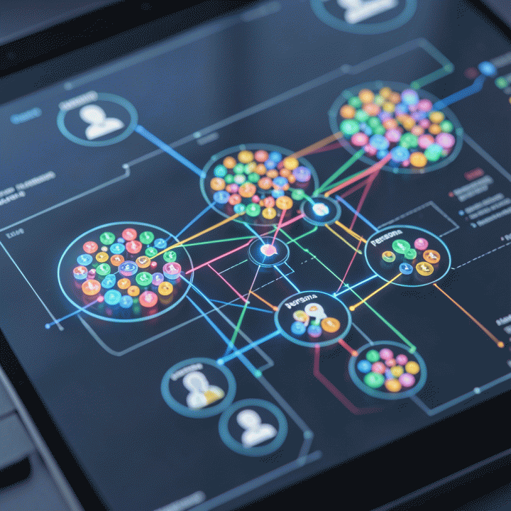 Visualisasi abstrak antarmuka digital yang menunjukkan beberapa profil &lsquo;persona&rsquo; yang terstruktur dan dihubungkan menjadi peta strategi yang kohesif, menyoroti proses pengembangan persona.