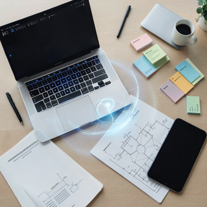 Meja kerja modern yang rapi dengan perangkat teknologi dan alat bantu visual, menunjukkan proses perencanaan konten dan strategi bisnis menggunakan bantuan AI.
