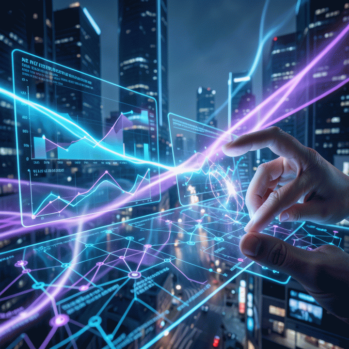 Visualisasi kota digital futuristik dengan aliran energi biru dan ungu neon, menampilkan antarmuka holografik abstrak yang melambangkan tren AI canggih tahun 2026 dan masa depan teknologi.