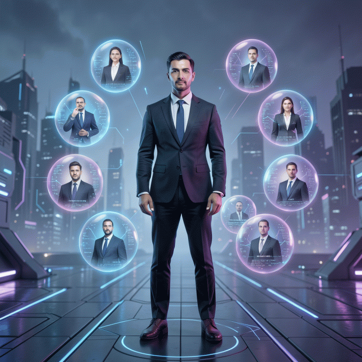 Seseorang berdiri di lanskap digital futuristik dikelilingi oleh gelembung data persona, melambangkan kemampuan beradaptasi dan memiliki banyak peran profesional.