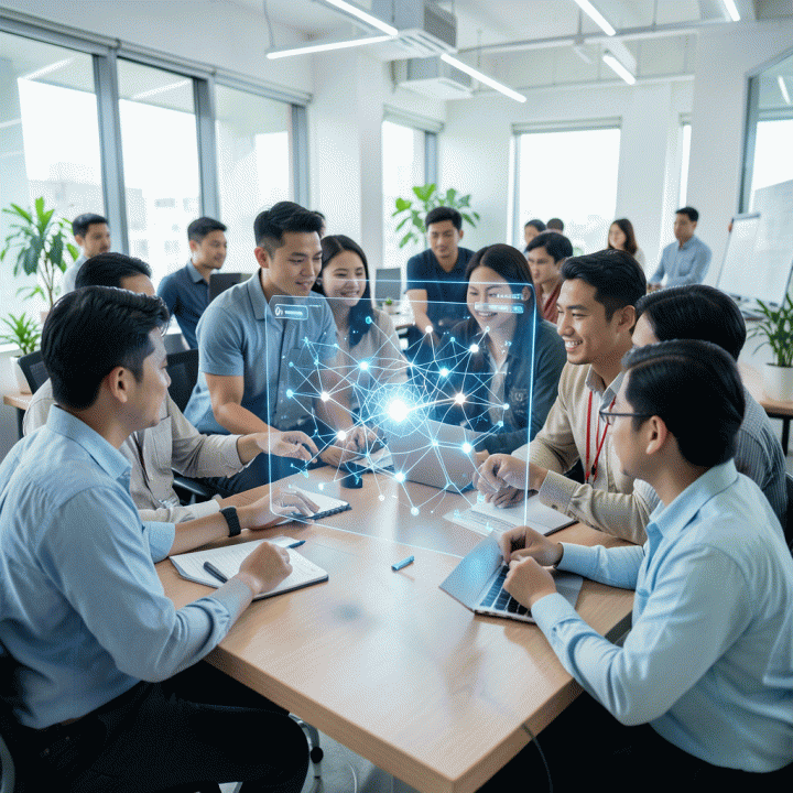 Kelompok profesional muda Indonesia berinteraksi dengan antarmuka holografik data futuristik di ruang kerja modern, melambangkan adaptasi terhadap tren AI masa depan.