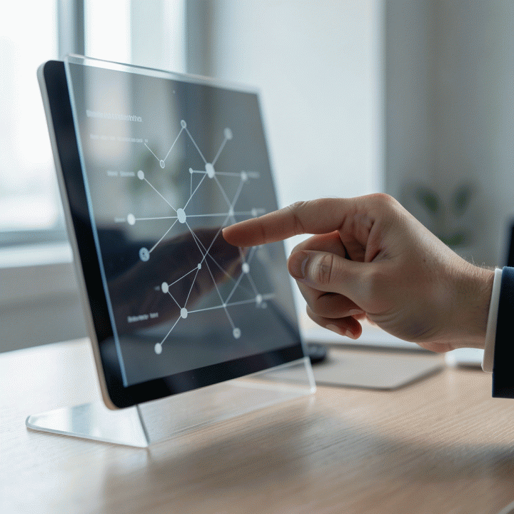 Interaksi tangan dengan antarmuka digital abstrak yang menampilkan aliran data terstruktur, melambangkan penyusunan persona digital.