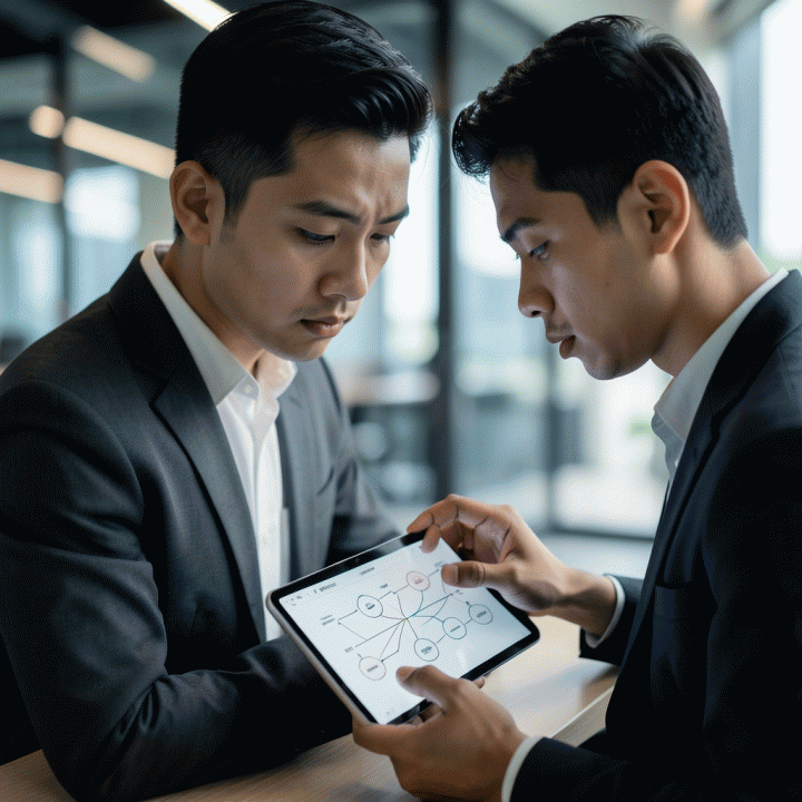 Profesional muda Indonesia fokus pada tablet yang menampilkan peta pikiran digital terstruktur, melambangkan ideasi konten dan strategi.