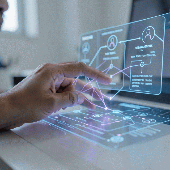 Tangan seorang profesional berinteraksi dengan antarmuka holografik futuristik yang menampilkan diagram terstruktur untuk pengembangan persona klien menggunakan AI.