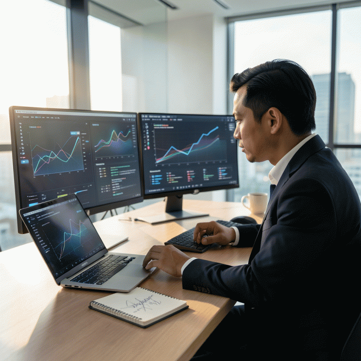 Seorang digital marketer profesional di ruang kerja modern, dikelilingi oleh visualisasi data dan draft copywriting AI yang canggih, melambangkan strategi pemasaran digital yang canggih.