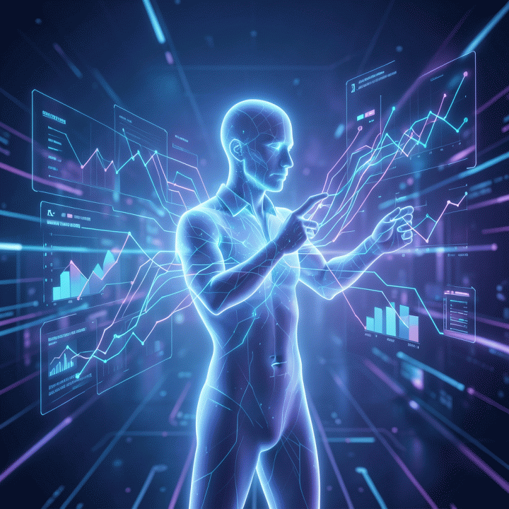 Ilustrasi konseptual yang menunjukkan siluet manusia (persona) berinteraksi dengan aliran data dan grafik strategi bisnis di lingkungan futuristik.