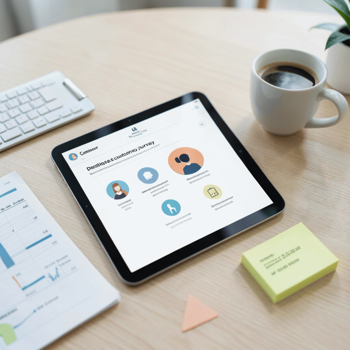 Tampilan datar (flat lay) dari tablet yang menampilkan profil persona pelanggan yang terstruktur, dikelilingi alat perencanaan bisnis di meja kerja modern.
