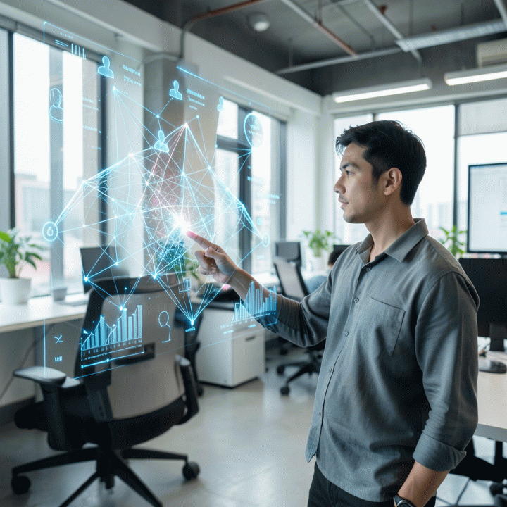 Seorang profesional pemasaran di ruang kerja modern berinteraksi dengan visualisasi holografik data AI yang kompleks, melambangkan strategi persona dan konten yang canggih.
