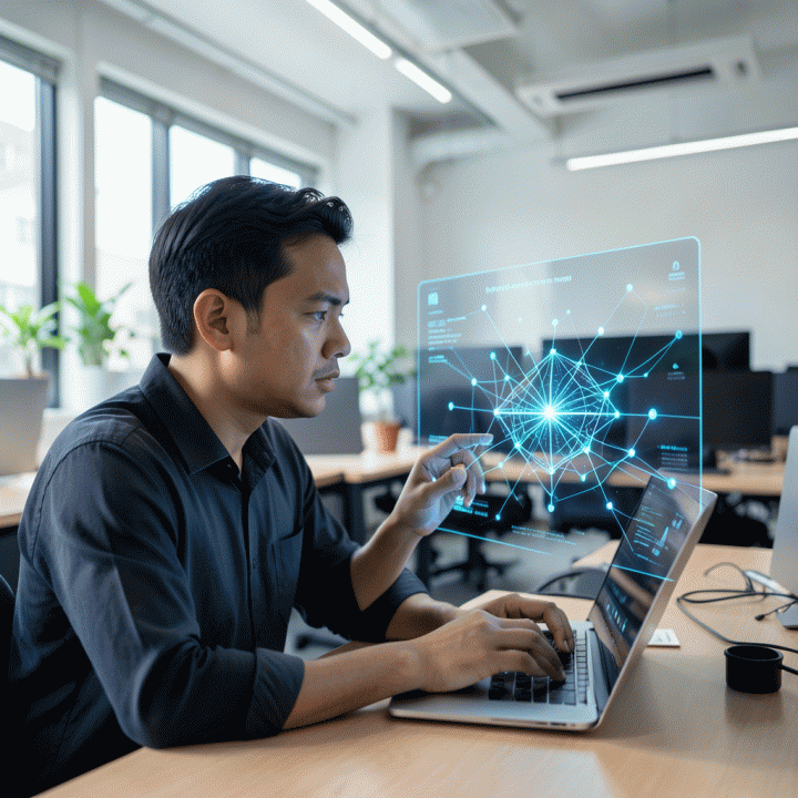 Seorang profesional kreatif Indonesia yang fokus menggunakan antarmuka holografik canggih yang menampilkan jaringan data dan rencana AI yang kompleks, melambangkan tren konten dan platform agentic.