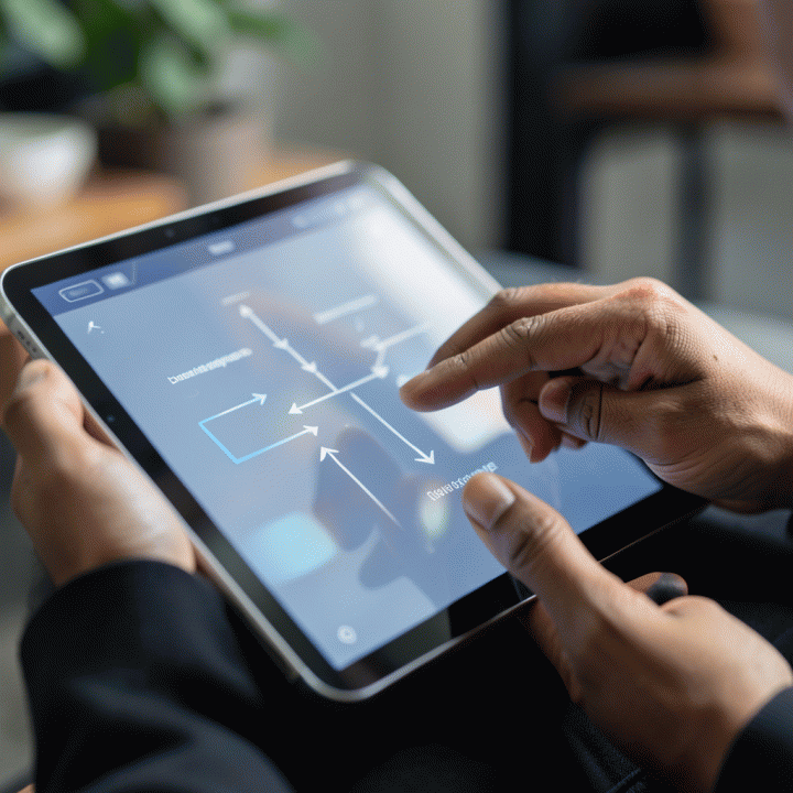 Tangan yang berinteraksi dengan tablet futuristik untuk mengubah ide konten mentah menjadi strategi yang terstruktur menggunakan AI.