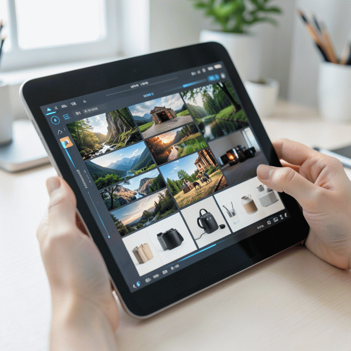 Tangan menggunakan antarmuka AI futuristik di tablet, menampilkan grid aset visual 4K yang beragam dan siap pakai.