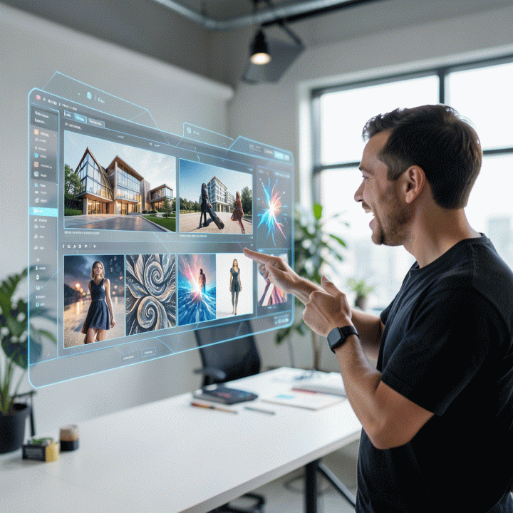Seorang content creator di studio modern berinteraksi dengan antarmuka holografik AI yang menampilkan berbagai aset visual 4K fotorealistik berkualitas tinggi.
