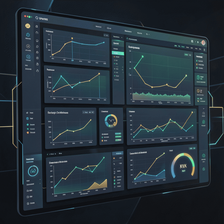 Tampilan dashboard analitik bisnis digital yang kompleks dan modern, menunjukkan berbagai grafik dan KPI untuk optimasi strategi bisnis.