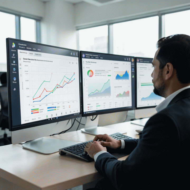 Tampilan dashboard analitik digital canggih yang menunjukkan pertumbuhan omzet dan tren pasar e-commerce, fokus pada visualisasi data tanpa teks terbaca.