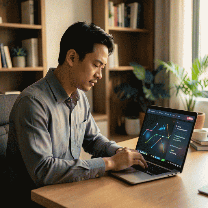 Seorang profesional muda Indonesia sedang merencanakan strategi bisnis online dari rumah menggunakan laptop yang menampilkan data peluang pasar.