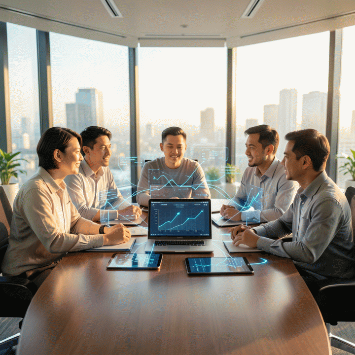 Adegan rapat bisnis futuristik di Indonesia dengan profesional berdiskusi tentang strategi pertumbuhan e-commerce dan data analitik pada layar teknologi modern.