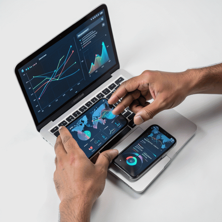 Visual tangan profesional yang merencanakan dan mengoptimalkan strategi bisnis melalui berbagai perangkat digital terhubung.
