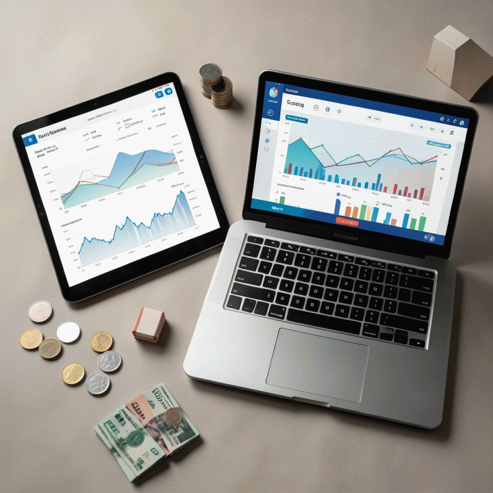 Foto tata letak datar yang menampilkan dashboard analitik bisnis di berbagai perangkat digital, berfokus pada tren dan strategi e-commerce tanpa teks terbaca.