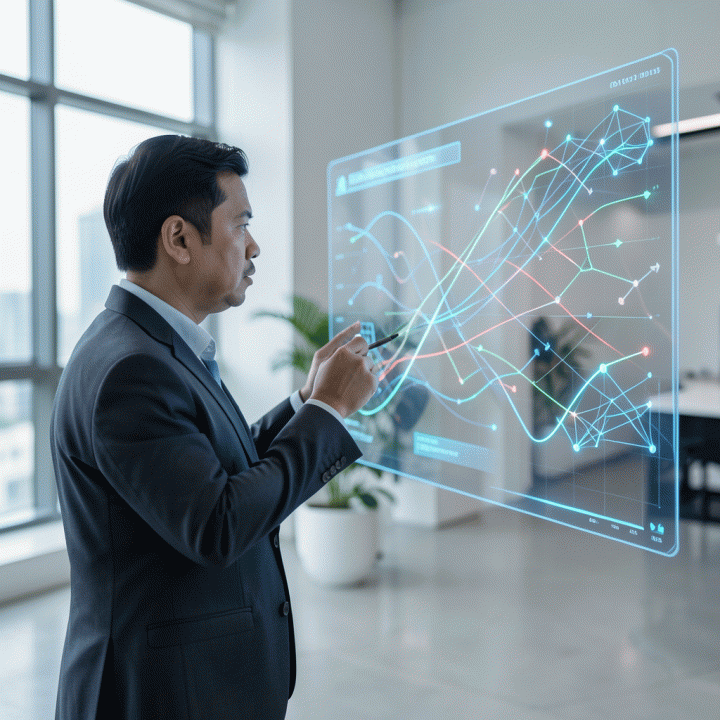 Seorang profesional Indonesia menganalisis data tren bisnis di layar holografik futuristik, menunjukkan strategi optimasi toko online.